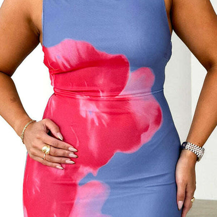 Women's slim-fit suspender dress with contrasting floral print