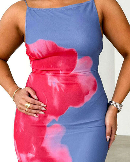 Women's slim-fit suspender dress with contrasting floral print