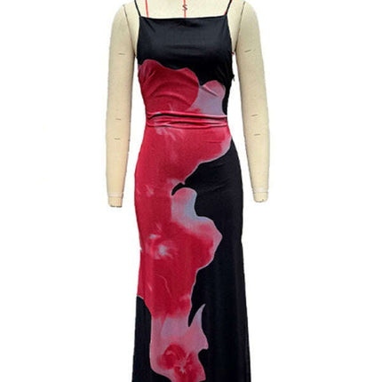 Women's slim-fit suspender dress with contrasting floral print