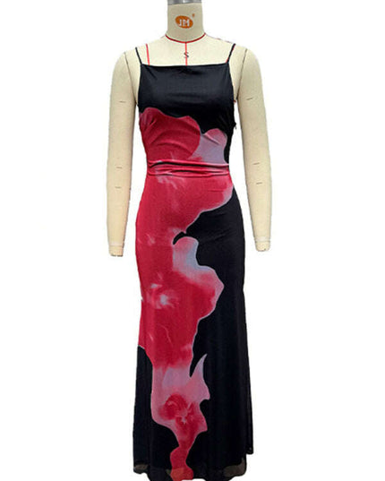 Women's slim-fit suspender dress with contrasting floral print