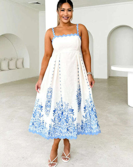 Fashion Print Wave Hem Sleeveless Backless Lace-up Suspender Dress