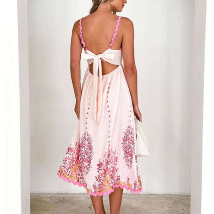 Fashion Print Wave Hem Sleeveless Backless Lace-up Suspender Dress