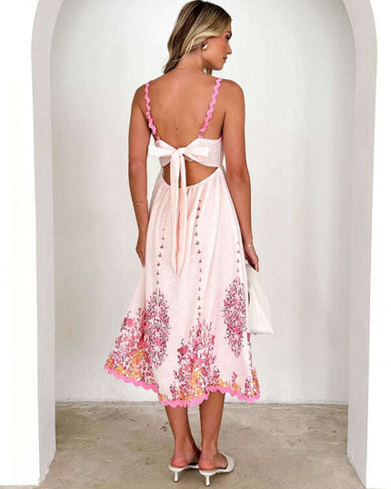 Fashion Print Wave Hem Sleeveless Backless Lace-up Suspender Dress