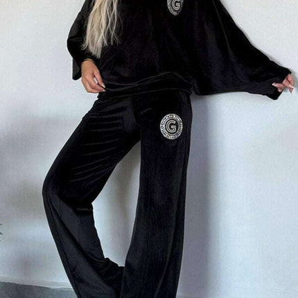 Gold velvet solid color round neck bat sleeves casual two-piece set