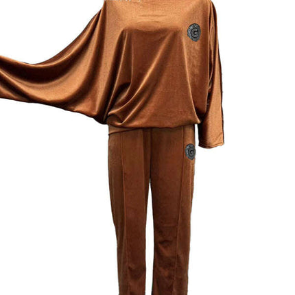 Gold velvet solid color round neck bat sleeves casual two-piece set