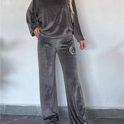 Gold velvet solid color round neck bat sleeves casual two-piece set