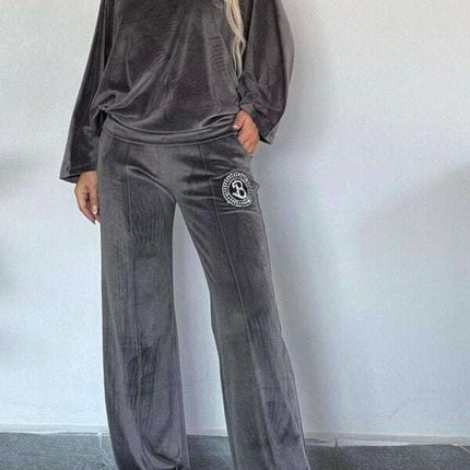 Gold velvet solid color round neck bat sleeves casual two-piece set