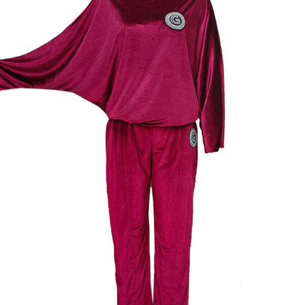 Gold velvet solid color round neck bat sleeves casual two-piece set