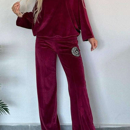 Gold velvet solid color round neck bat sleeves casual two-piece set