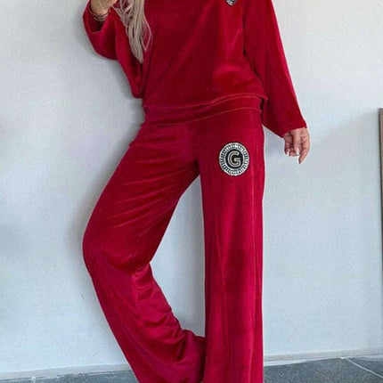 Gold velvet solid color round neck bat sleeves casual two-piece set