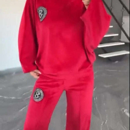 Gold velvet solid color round neck bat sleeves casual two-piece set