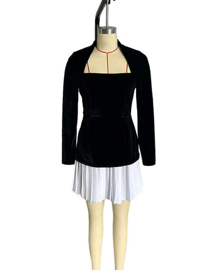 Fashionable and personalized long-sleeved color-blocked pleated hem mini skirt dress