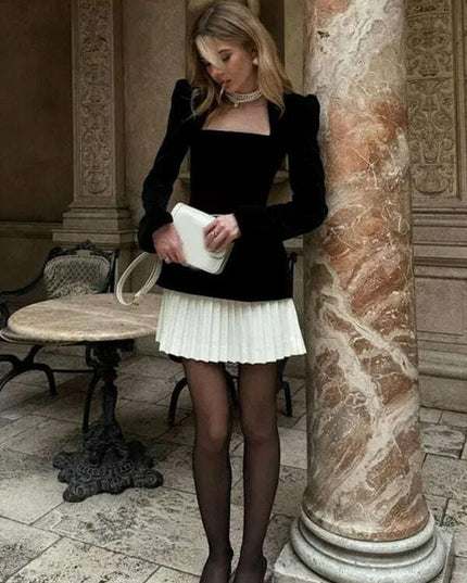 Fashionable and personalized long-sleeved color-blocked pleated hem mini skirt dress