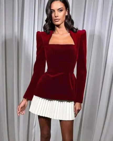 Fashionable and personalized long-sleeved color-blocked pleated hem mini skirt dress