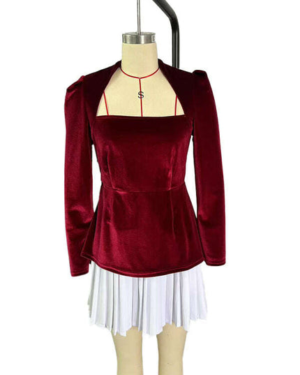 Fashionable and personalized long-sleeved color-blocked pleated hem mini skirt dress