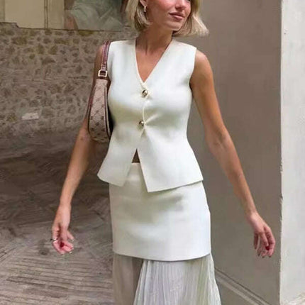 New Fashion Knitted Vest Splicing Pleated Long Skirt Set