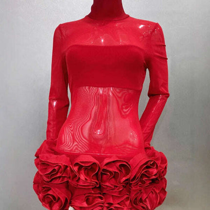 Sexy see-through mesh flower bud skirt ultra-short red dress sexy hot birthday party dress