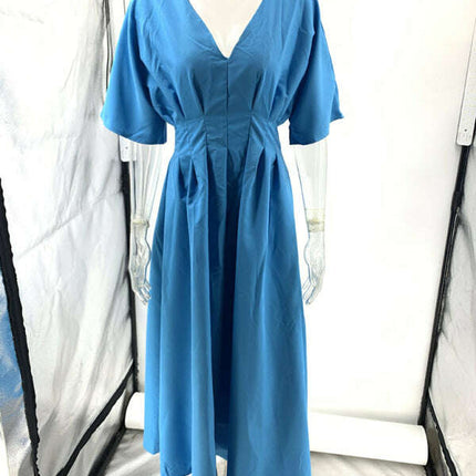 New Blue V-neck Pleated Maxi Dress Loose Elegant Dress