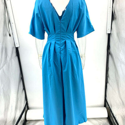 New Blue V-neck Pleated Maxi Dress Loose Elegant Dress