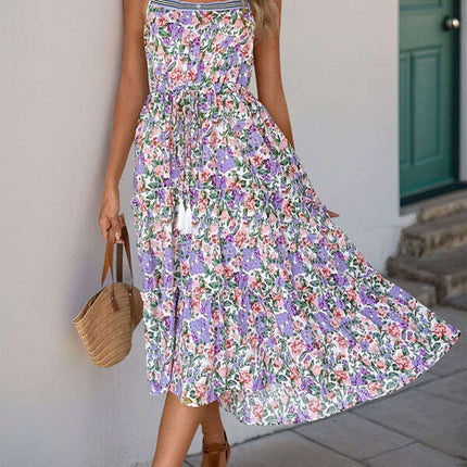 New style suspender skirt pleated printed ruffle dress