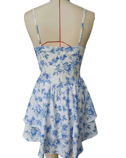 Printed Deep V Sleeveless Dress Strapless Cake Skirt