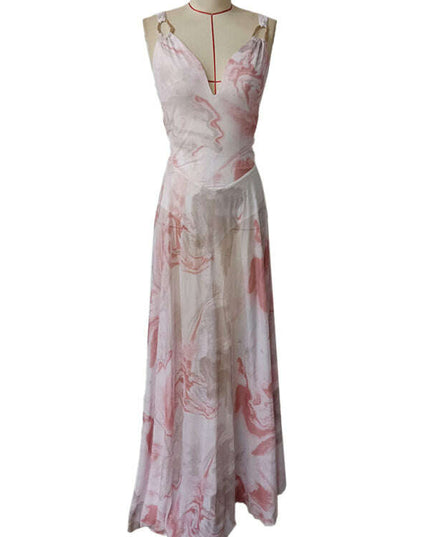 V-neck suspenders mesh print semi-transparent V-neck long dress