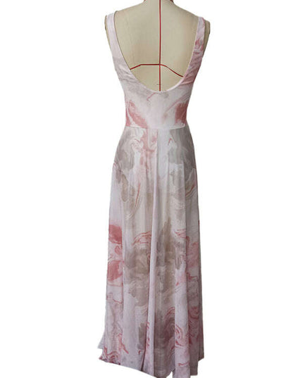 V-neck suspenders mesh print semi-transparent V-neck long dress