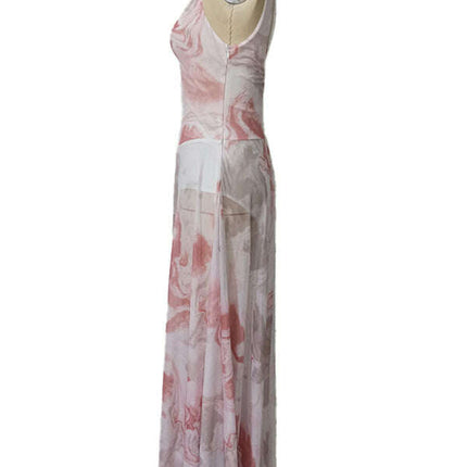 V-neck suspenders mesh print semi-transparent V-neck long dress