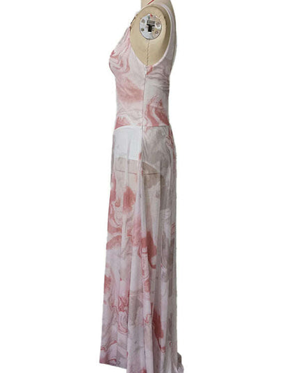 V-neck suspenders mesh print semi-transparent V-neck long dress