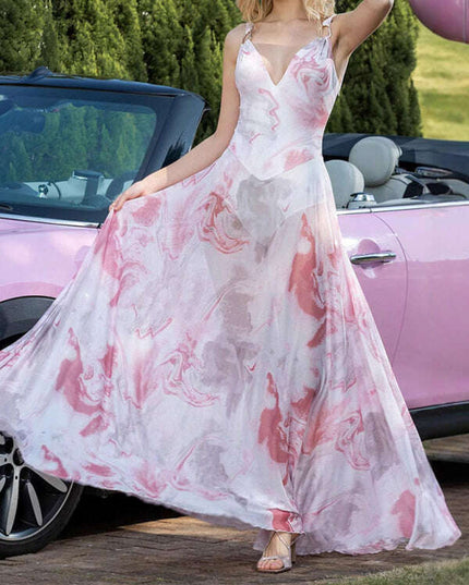 V-neck suspenders mesh print semi-transparent V-neck long dress