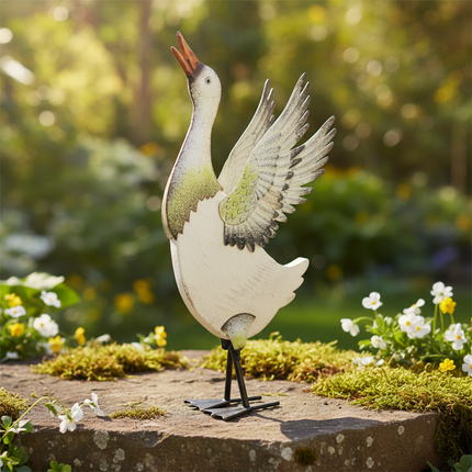 Iron & Wood Duck Garden Statue — Decorative Outdoor Sculpture