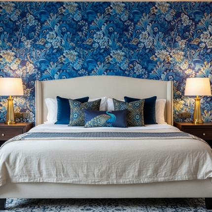 Blue Peacock Floral Peel & Stick Wallpaper — PVC, 45 cm Wide