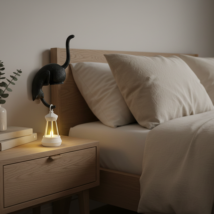 Cat Shelf Hook with Lantern Figurine | Night Light & Desk Ornament