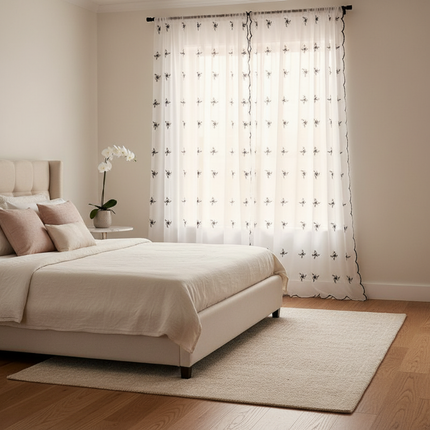 Sheer Peach Embroidery Curtain with Wavy Black Edge