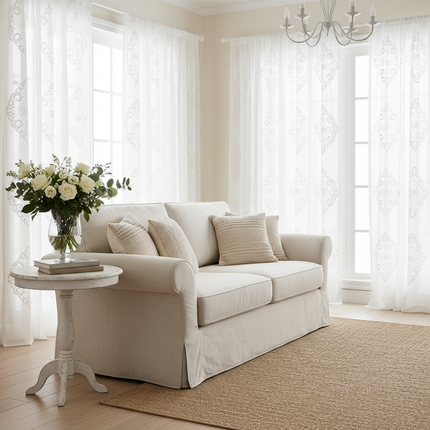 Embroidered Sequin & Pearl Sheer Curtain Panel — Custom Width, 4 Heading Styles | Très Elite
