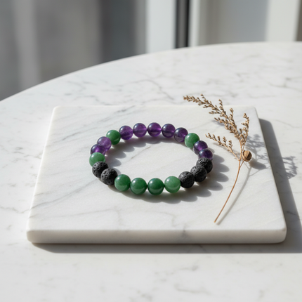 Très Elite Healing Crystal Bead Bracelet — TCM Gemstone | Amethyst, Jade & Lava Stone