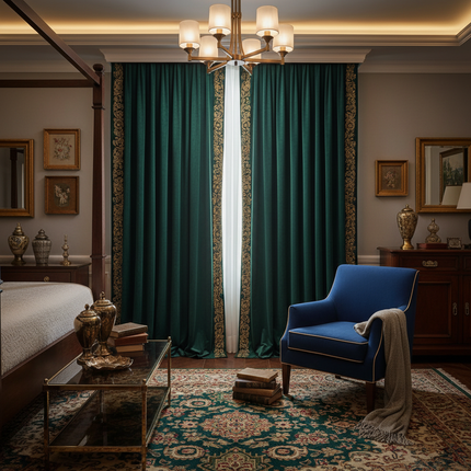 Dark Green Velvet Blackout Curtains with Tassel Trim — Custom Width, 4 Heading Styles | Très Elite
