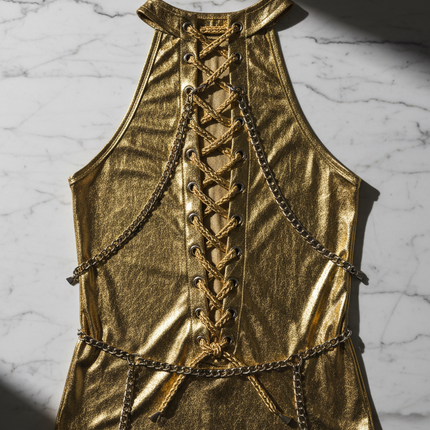 Men's Gold Metal Chain Halter Body Chain — Lace-Up Backless Design