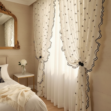 Black Lace Rose Embroidered Window Curtain – Semi-Sheer