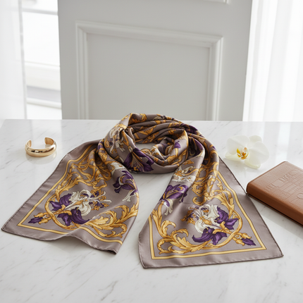 Luxury Floral Silk Scarf – 90x90cm Hand-Rolled Twill