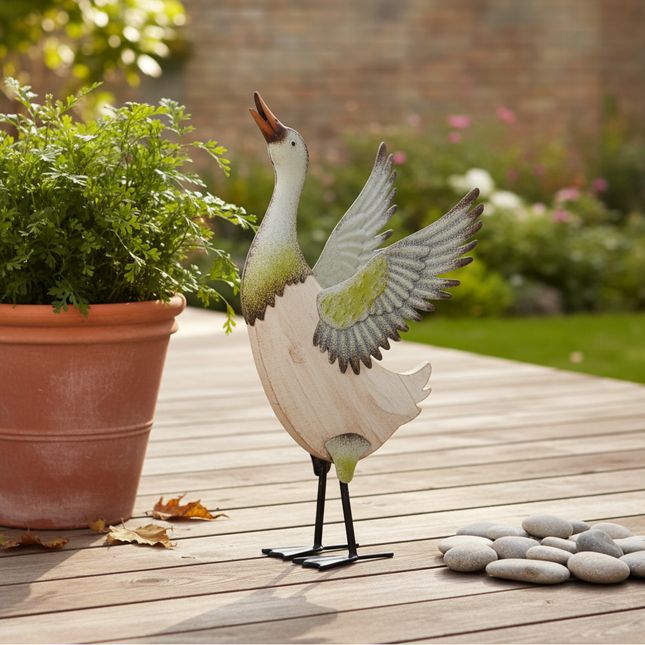Iron & Wood Duck Garden Statue — Decorative Outdoor Sculpture