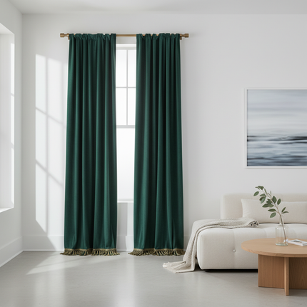 Dark Green Velvet Blackout Curtains with Tassel Trim — Custom Width, 4 Heading Styles | Très Elite