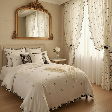 Black Lace Rose Embroidered Window Curtain – Semi-Sheer