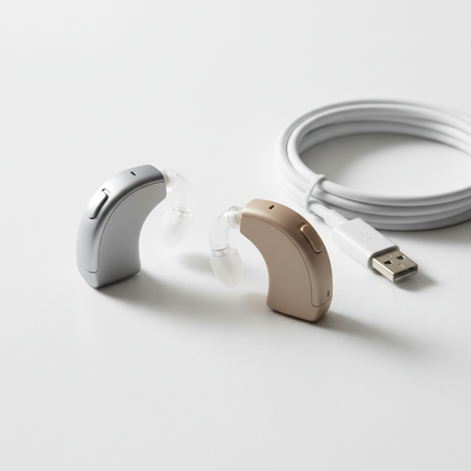 Intelligent Noise Reduction Hearing Aid — 12hr, USB, Silver & Skin Tone | Très Elite