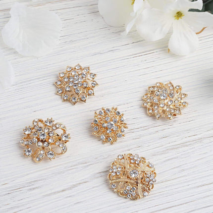 AliKopy 5 Pack Gold Plated Rhinestone Brooches - Floral Sash Pins