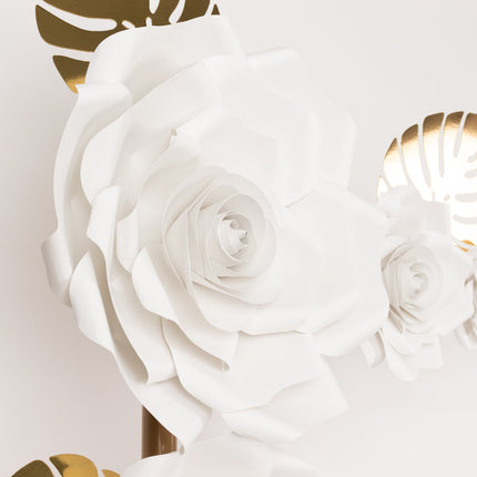 AliKopy 9-Piece White 3D Rose Paper Flowers Set with Gold Palm Leaves