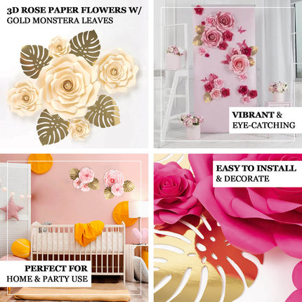 AliKopy Set of 9 Ivory 3D Rose Paper Flowers with Gold Leaves Decor