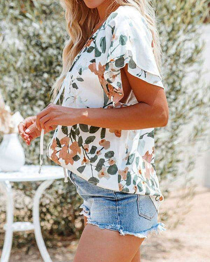 Spring Blossom | Women's Relaxed Fit V-Neck Top with Short Sleeves