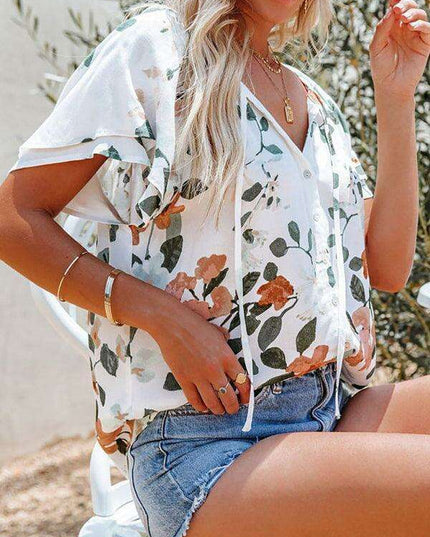 Spring Blossom | Women's Relaxed Fit V-Neck Top with Short Sleeves