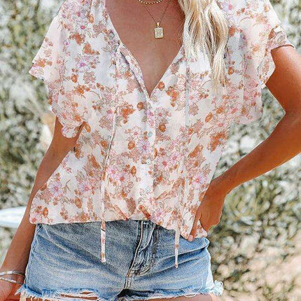 Spring Blossom | Women's Relaxed Fit V-Neck Top with Short Sleeves